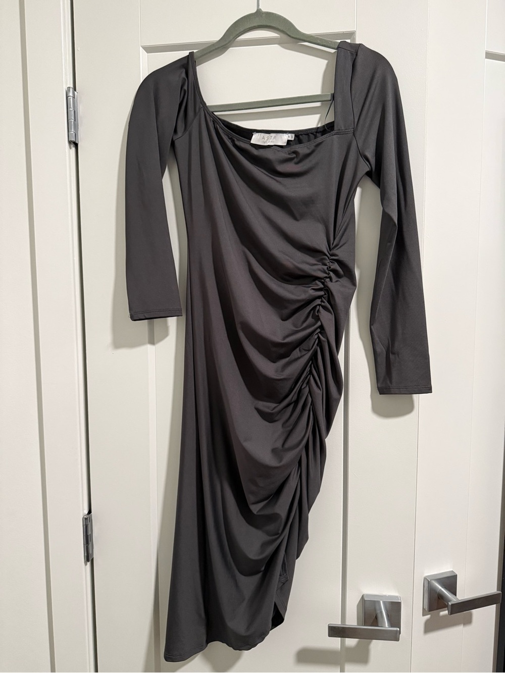 Astr Asymmetrical Black Ruched Long-Sleeve Dress